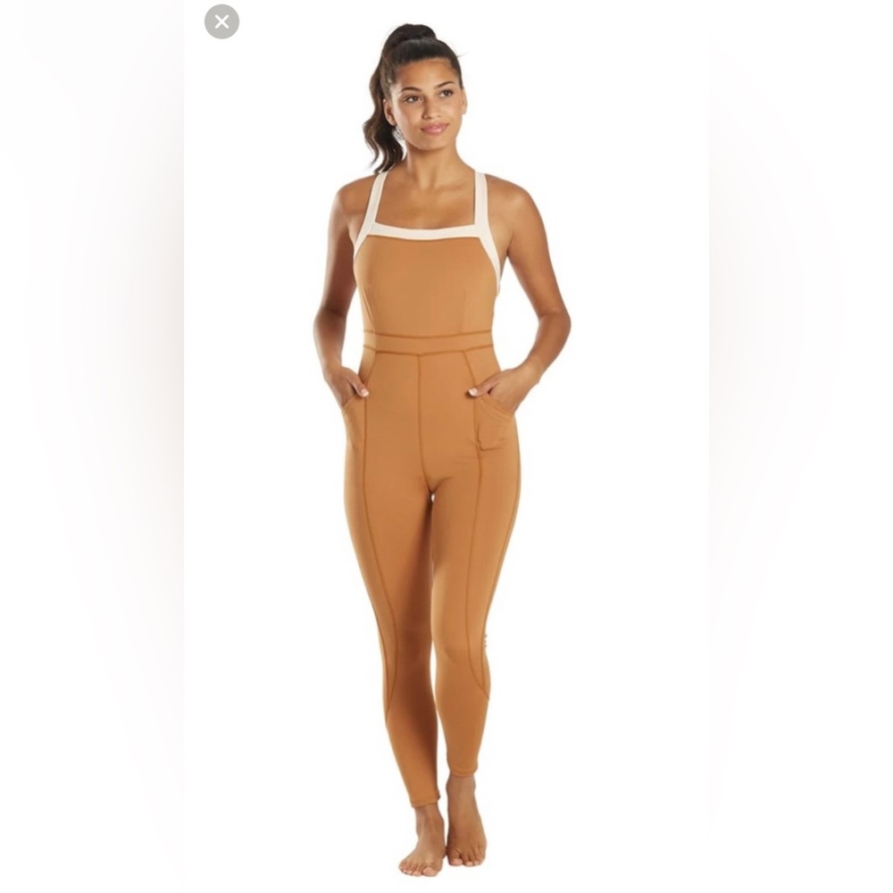 Free People FP Movement Rebel Onesie in Burnt Topaz & Mother of Pearl- XS
